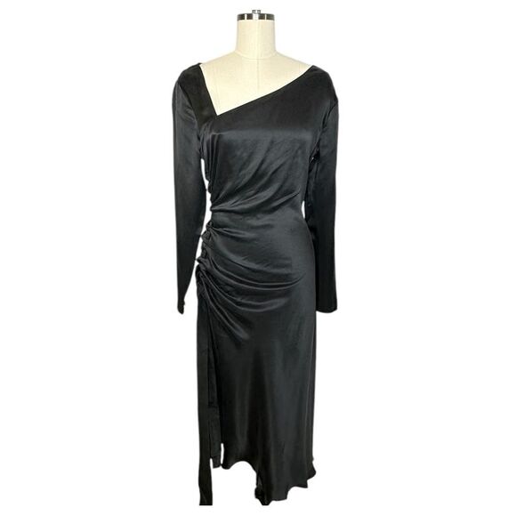 Equipment Annalise Black Silk Asymmetrical Midi Dress | Size 6 - Picture 3 of 12